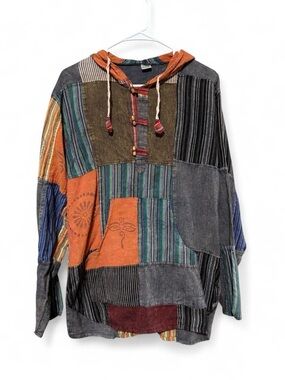 Patchwork grunge Hooded Pullover Shirt - Multi-Color